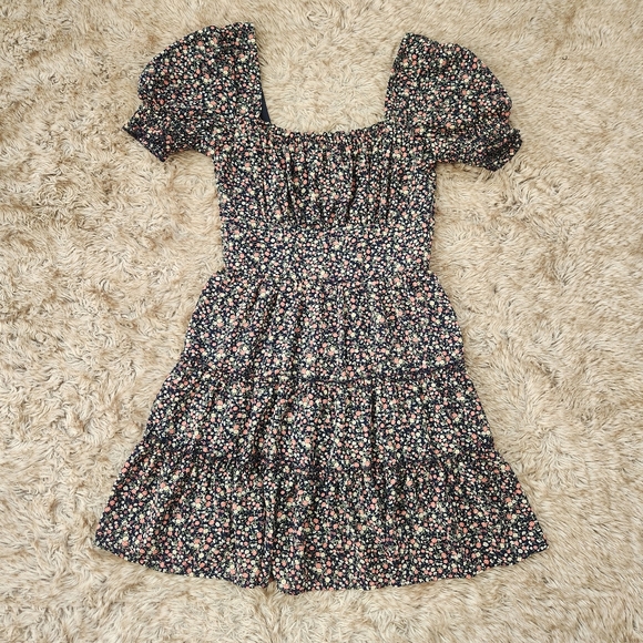 Row A Emma Floral Babydoll Mini Dress Navy Blue Pink Floral Juniors Size Small - Picture 1 of 12